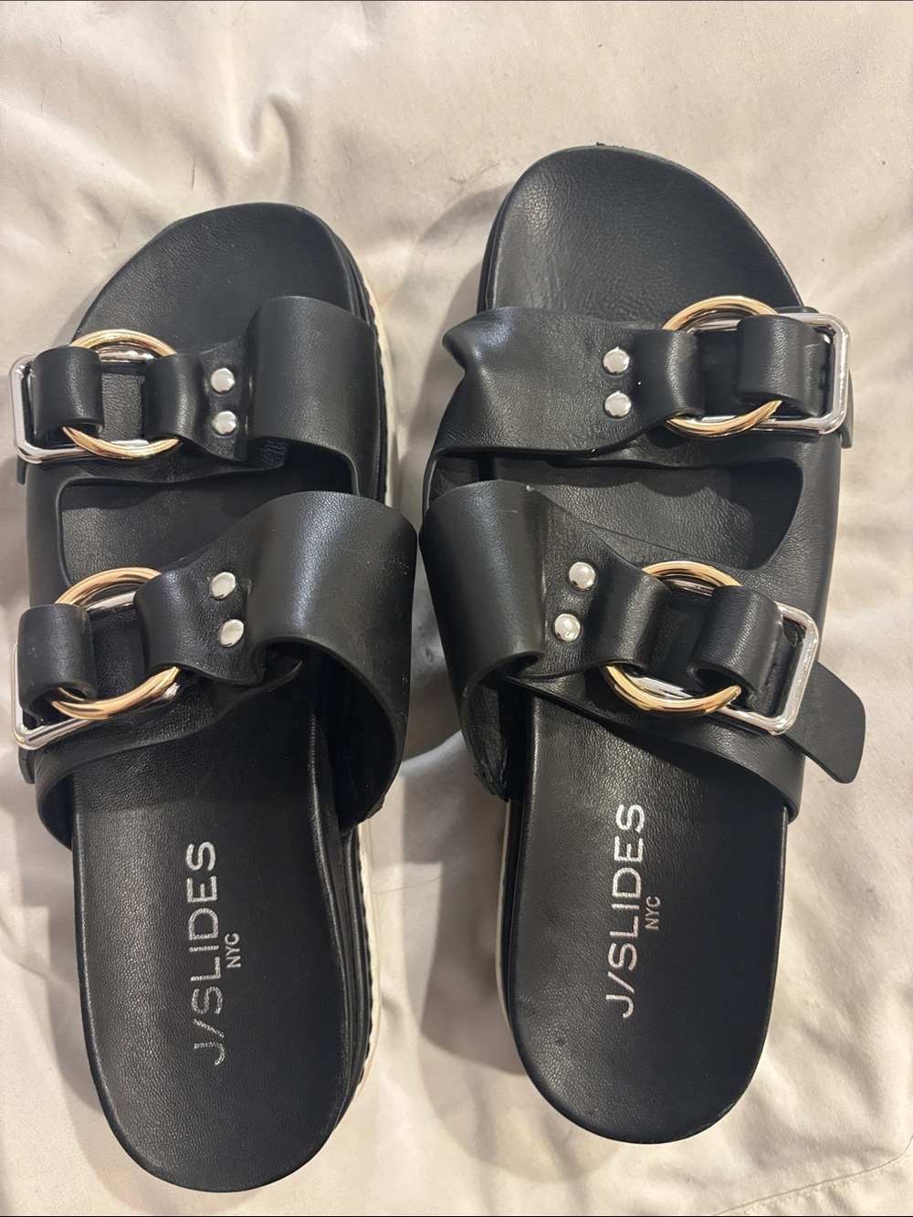 J/Slides Black Dual-Buckle Slide Sandals with Gold Rings